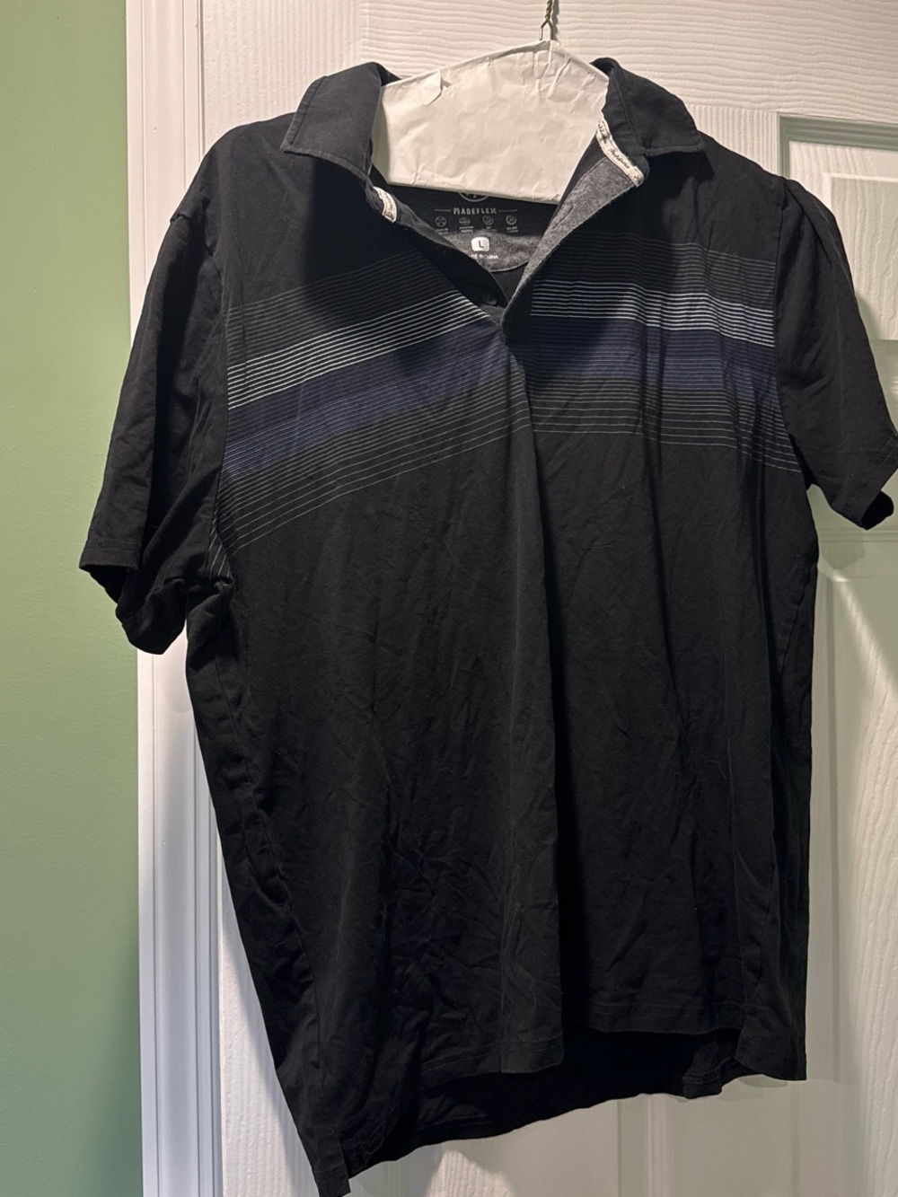 Black Short-Sleeve Polo with Subtle Navy Stripe